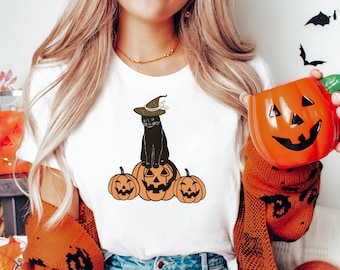 Camiseta gato preto na abóbora, camiseta para o Halloween, camiseta gato preto, gato preto de Halloween, camiseta de outono, camiseta retrô, camiseta da temporada assustadora