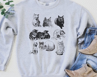 cottagecore cat sweatshirt, cat sweatshirt, cute cat crewneck, gift for cat lover, cat drawing, cottage core, cat mom, cat dad