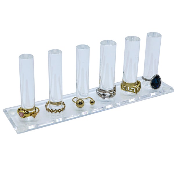 Ring Holder Stand, Clear Acrylic Jewelry Organizer Tray for Girls, Small 6 Cylinder Storage Display For Multiple Rings