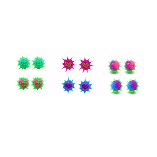 Spiky Earrings for Girls Teens Tweens (6 Pack) Hypoallergenic Silicone Spiky Multicolored Rave Ball Earrings 10mm