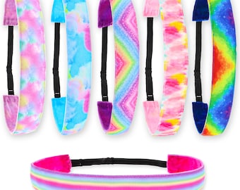 6 Tie Dye Elastic Headbands for Girls, Non Slip Stretchy Adjustable Rainbow Hair Bands