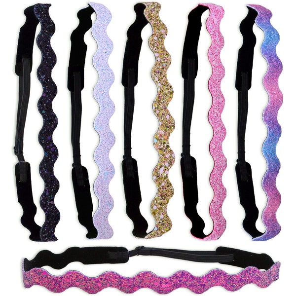 6 Zig Zag Glitter Elastic Headbands For Girls, Adjustable Non Slip Thin Stretch Wavy Headband for Teens