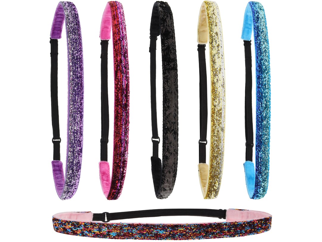 6 Thin Sparkly Glitter Elastic Headbands for Girls, Nonslip Stretch