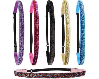 6 Thin Sparkly Glitter Elastic Headbands For Girls, Non-Slip Stretch Sport Headband for Teens, Forehead headband