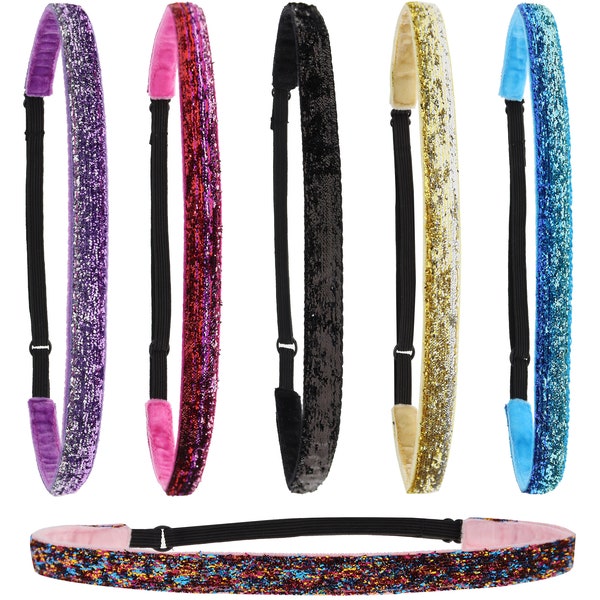 6 Thin Sparkly Glitter Elastic Headbands For Girls, Non-Slip Stretch Sport Headband for Teens, Forehead headband