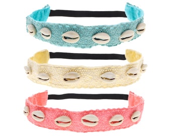 Cowrie Shell Lace Crochet Headbands for Girls, with Adjustable Non-Slip Elastic