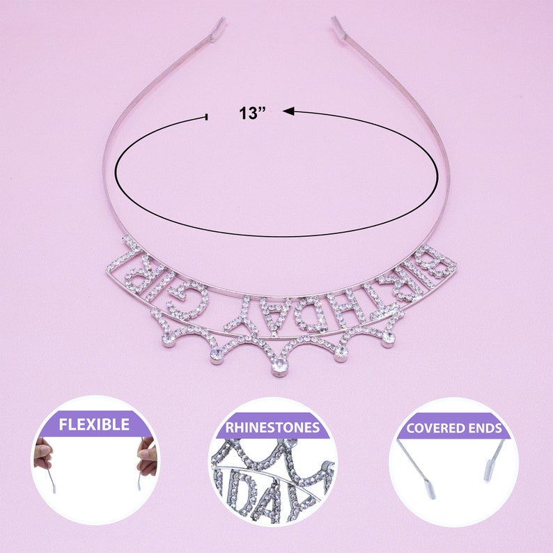 thumbnail image 2 of Girls Tiara Crown Headband – Birthday Party Hair Accessories With Adjustable Fit | Sparkly Rhinestones 2 of 14