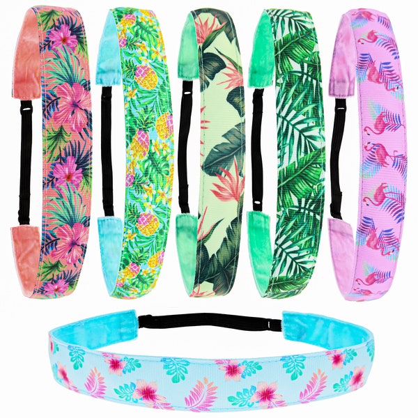 6 Elastic Headbands for Girls, Adjustable Tropical Non Slip Head Bands for Girls and Teens