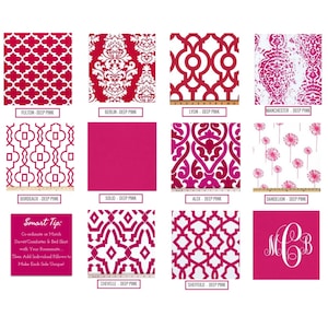 May include: A collage of 10 different fabric swatches in various pink and white patterns. The swatches are labeled with names like "Fulton", "Berlin", "Lyon", "Manchester", "Bordeaux", "Solid", "Alex", "Dandelion", "Chevelle", and "Sheffeild". The text "Smart Tip: Co-ordinate or Match Duvet/Comforter & Bed Skirt with Your Roommate. Then Add Individual Pillows to Make Each Side Unique!" is also included.