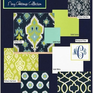 Puede incluir: Una guía de diseño para crear ropa de cama personalizada en un esquema de color azul marino y chartreuse. La guía presenta varias muestras de tela con diferentes patrones y colores sólidos, que incluyen "Patrón: likat", "Sólido: Pond", "Patrón: Raji-Canal", "Sólido: White", "Patrón: Raji-Navy", "Sólido: Cactus", "Patrón: Domino", "Sólido: Nautical" y "Patrón: Morrow-Canal". La guía también incluye una almohada con monograma con las iniciales "MCB".