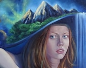 Surreal oil painting.Girl in wide-brimmed hat with mountains on it. Outer space, stars and the Milky Way. Galaxy and sea.