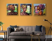 Three paintings set.African motives.Triptych wall art.African American black girls on an abstract background.Surreal composition.