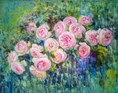 Original semi-abstract floral painting. Roses on an abstract background. Made in oil on canvas with a brush and palette knife.