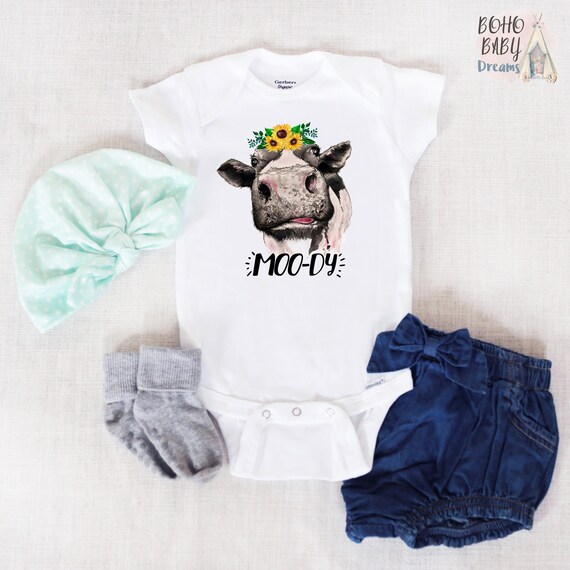 MOO-DY Baby Onesie®, Sunflowers Cow Baby Bodysuit, Farm Girl Baby Clothes, Farm Onesie®, Cow Onesie, Cow Baby Shower, Funny Cow Girl Outfit Il_570xn