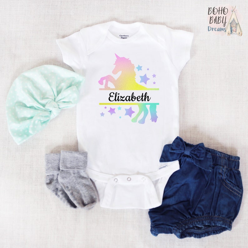 Cute Unicorn Birthday Outfit Monogram unicorn baby clothes Custom Baby Girl Onesie Unicorn baby shower gift Personalized Unicorn Onesie\u00ae