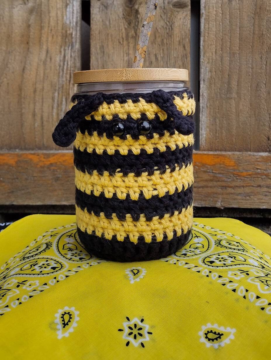 Bumblebee Jar Cozy, Crochet Jar Cover, Wide Mouth Jar Sleeve, Cup Cozie, Coffee Cup Cover, Cold Cup Sleeve, Hot Cup Cozy, Handmade Crochet.