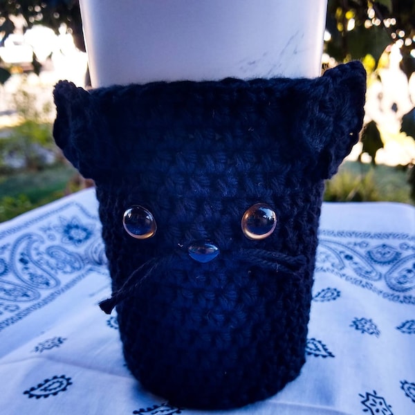 Black Cat Cup Cozy, Crochet Drink Sleeve, Gift for Her, Cold Cup Cozy, Hot Cup Cozy, Eco Friendly, Reusable, Cup Warmer, Handmade Crochet.
