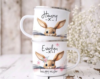 Personalised Easter Bunny Metal Mug, Vintage Initial Gift, Enamel Children's UNBREAKABLE Mug