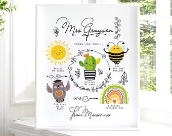 May include: A printable thank you card for a teacher with a colourful illustration of a sun, cactus, bee, and owl. The text reads "Mrs. Grayson Thank you for... making me shine, helping me grow, for bee-ing amazing, teaching me so much, & making everyday fun. From Maisie xxx"