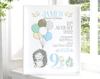 New Baby Boy Gift, New Baby Gift Personalised, New Baby Print, Christening Gift, Hedgehog Baby Print, Personalised Baby Gift for Baby Boy