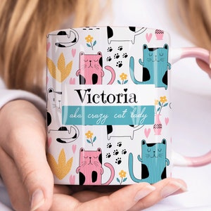 Caneca de gato com nome personalizado LOUCA CAT SENHORA, caneca personalizada, presente de amante de gato para ela, presente de dia dos namorados para ela, presente de aniversário de irmã, mãe e filha
