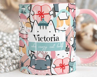 CRAZY CAT LADY Personalised Name Cat Mug, Personalised Mug, Cat Lover Gift For Her, Christmas Secret Santa Gift, Sister Mum Daughter Gift