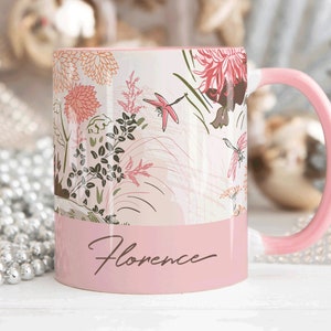 PINK Personalised Name Mug, DRAGONFLY Personalised Mug Custom Name Cup, Coffee Cup Gift For Her, Dragonfly Gift, Sister Mum Birthday Gift