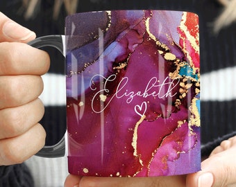 Mug en marbre violet, mug personnalisé, tasse avec nom personnalisé, café tasse à thé cadeau pour elle, cadeau d'anniversaire pour elle, cadeau d'anniversaire soeur maman