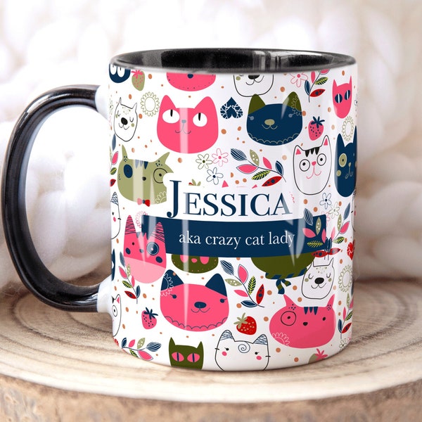 CRAZY CAT LADY Nombre personalizado Taza de gato, Taza personalizada, Regalo de amante de los gatos para ella, Regalo de San Valentín para ella, Regalo de cumpleaños de hermana mamá hija