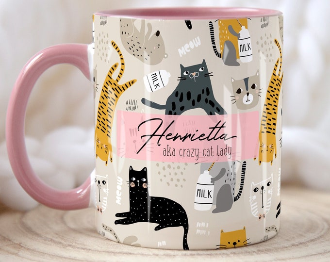 CRAZY CAT LADY Name Katzenbecher, personalisierter Becher, Katzenliebhaber Geschenk für sie, Katzen Geschenk für sie, Schwester Mutter Tochter Geburtstagsgeschenk