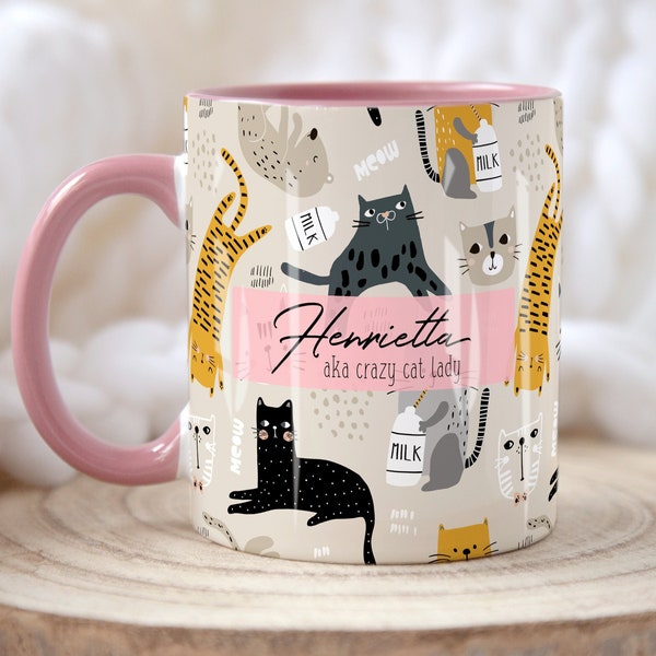 CRAZY CAT LADY gepersonaliseerde naam kat mok, gepersonaliseerde mok, kat minnaar cadeau voor haar, kat cadeau voor haar, zuster moeder dochter verjaardagscadeau