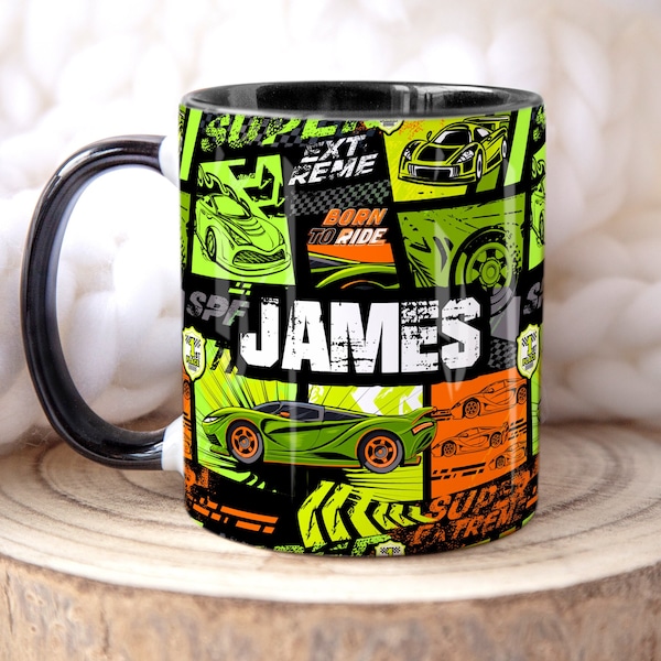 RACING CARS Taza personalizada para niños, Taza personalizada, Regalo amante de los COCHES, Regalo de taza para niño, Regalo de coches de carreras para niño, Regalo de cumpleaños de hijo adolescente