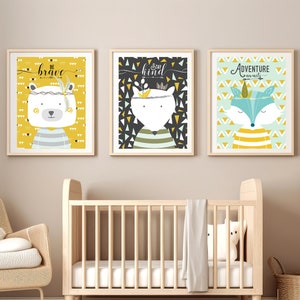 Scandi Nursery Wall Art, Yellow & Grey Nursery Art, Yellow Nursery Wall Art, Yellow Black Nursery, Woodland Nursery, Scandi Nursery Decor