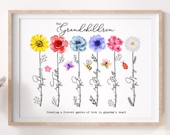 May include: A white framed print with the text "The Grandchildren" at the top.  The print features six colorful flowers with names written on each stem: Gracie, Isabelle, Grace, Bailey, Beth, and Harry.  The text at the bottom reads "Creating a forever garden of love in grandma's heart."