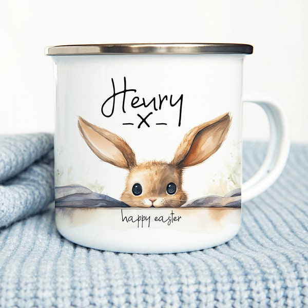 Personalised Easter Mug, Watercolour Rabbit Gift, Easter Bunny Gift, Kids Easter Gift, Unbreakable Mug, Easter Bunny Mug, Easter Metal Mug