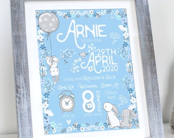 Personalised New Baby Boy Gift, New Baby Gift, New Baby Print, Christening Gift, Birth Details Print, Bunny Rabbit Birth Stats Picture BLUE