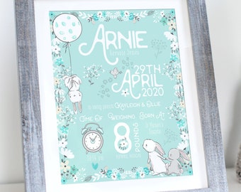 Personalised New Baby Boy Gift, New Baby Gift, New Baby Print, Christening Gift, Birth Details Print, Bunny Rabbit Birth Stats Picture MINT