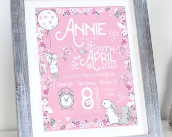 Personalised New Baby Girl Gift, New Baby Gift, New Baby Print, Christening Gift, Birth Details Print, Bunny Rabbit Birth Stats Picture PINK