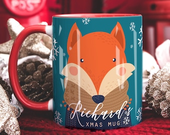 PERSONALISED CHRISTMAS Mug, Secret Santa Gift Him or Her, Fox Mug Gift, Name Xmas Mug, Hot Chocolate Mug Xmas Gift for Husband Boyfriend