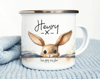 Personalised Easter Mug, Watercolour Rabbit Gift, Easter Bunny Gift, Kids Easter Gift, Unbreakable Mug, Easter Bunny Mug, Easter Metal Mug