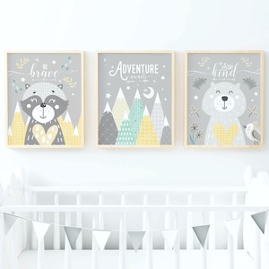 Yellow and Grey Nursery, Yellow and Grey Wall Art, Yellow Grey Nursery Wall Art, Yellow Nursery Decor, Woodland Nursery, Woodland Animals