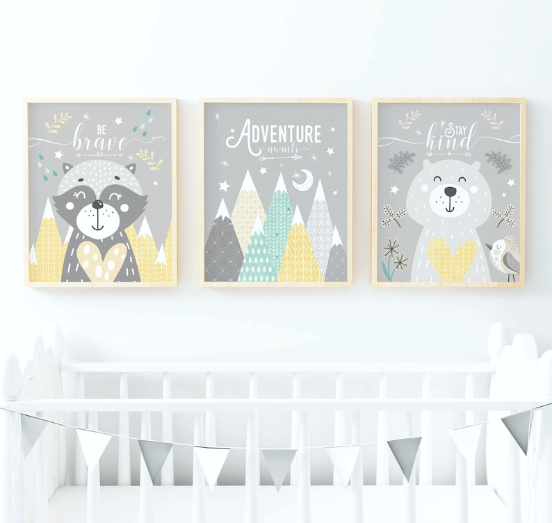 Yellow And Grey Nursery Wall Art Decor Woodland Animals