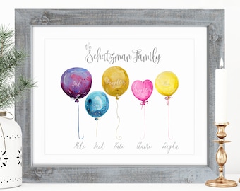 Personalised Watercolor Balloon Family Tree Print, Anniversary Gift