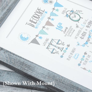 May include: A blue and gray baby birth announcement print with the name Theodore Phillip Doherty, the date June 16th, 2019, the time 4:52 PM, the weight 7 lb 11 oz, the place of birth Queens Hospital, and the year of the pig.