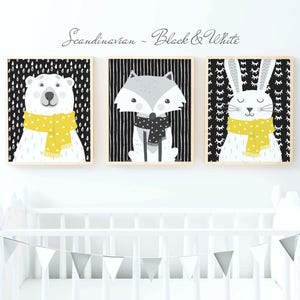 Woodland Nursery Decor, Woodland Animal Prints, Woodland Nursery Prints, Scandinavian Nursery Decor, Black & White Nursery Wall Art