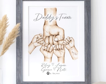 FIST BUMP Personalised "Daddy's Team" FRAMED Print Picture | Fathers Day Gift | Birthday Gift for Dad Grandad | Gift From Kids Grandkids