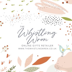 May include: A logo for an online gift retailer called "The Whistling Wren" with a whimsical illustration of a blue bird perched on a pink rock. The logo is surrounded by abstract shapes and floral elements in shades of pink, green, and orange.