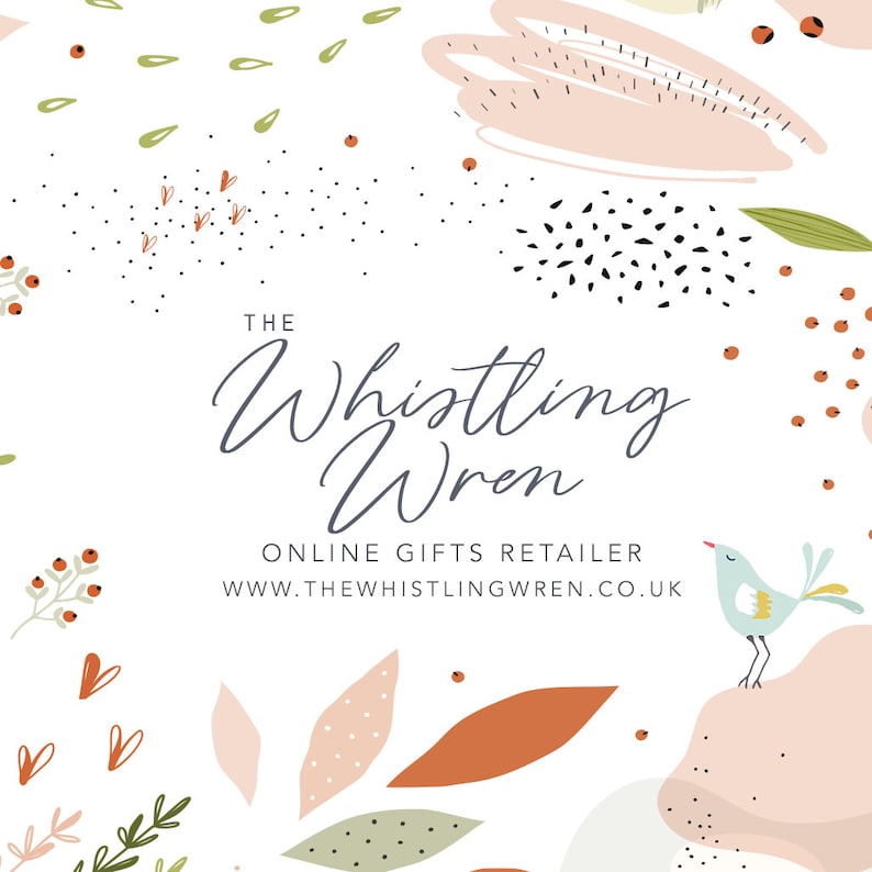 May include: A logo for an online gift retailer called "The Whistling Wren" with a whimsical illustration of a blue bird perched on a pink rock. The logo is surrounded by abstract shapes and floral elements in shades of pink, green, and orange.