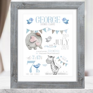 New Baby Boy Gift, Personalised Baby Gift For Boy, New Baby Gift, Christening Gift, Birth Details Print, Birth Stats, Safari Nursery Decor