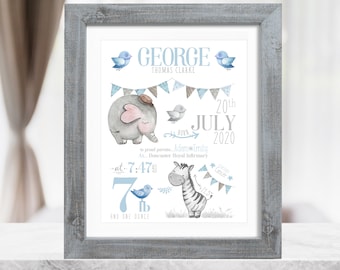 New Baby Boy Gift, Personalised Baby Gift For Boy, New Baby Gift, Christening Gift, Birth Details Print, Birth Stats, Safari Nursery Decor